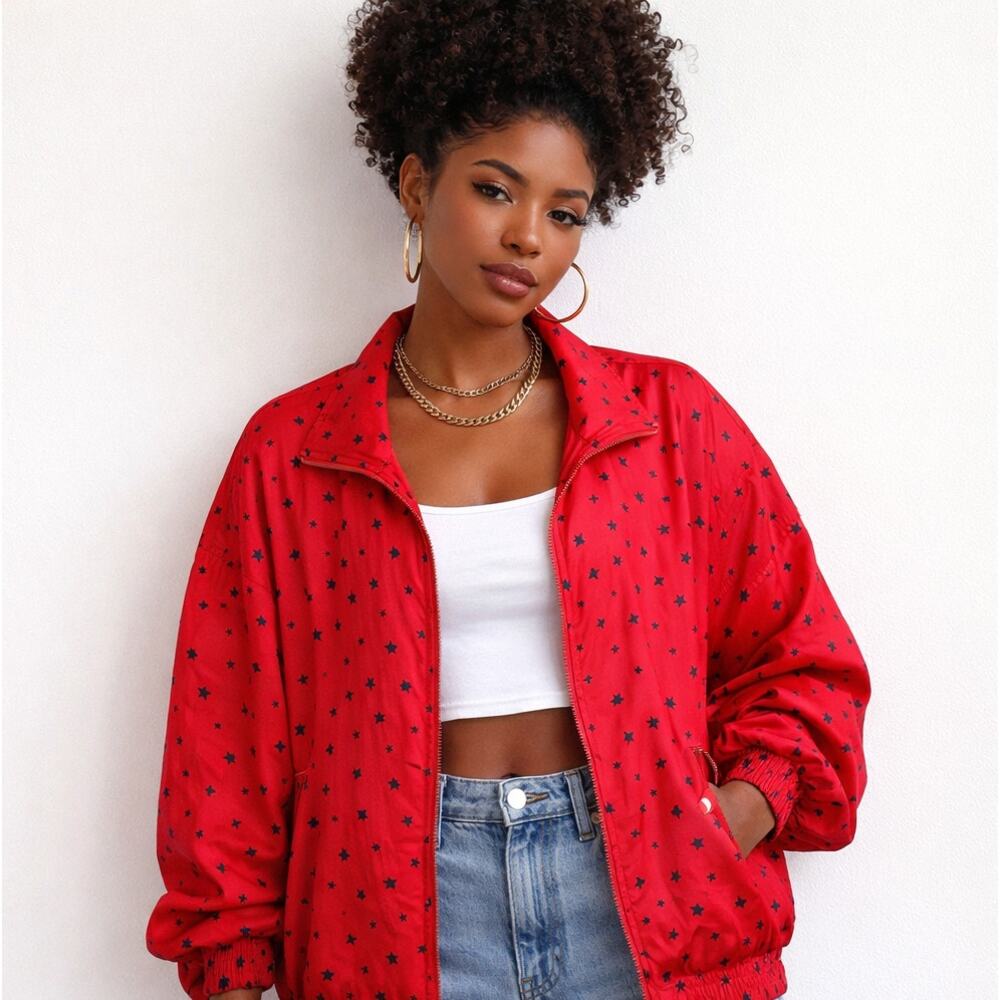 90's Vintage Bogari 100% Silk Star Spangled Print Bomber Jacket, Size 2X